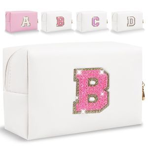 Small Personalized Glitter Initial Letter Makeup Bag, Cute Pu Leather Chenille😚